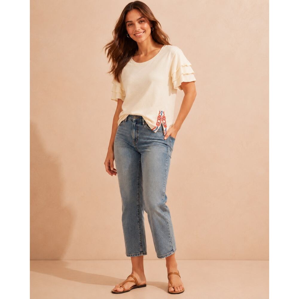 Matilda Jane Idealist Ivory Ruffle Sleeve Top Women’s Medium Floral Trim